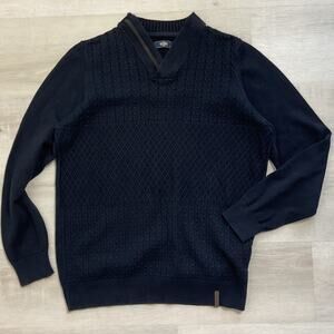 Kigili Mens Pullover Cable Knit V Neck Sweater Wool Cotton Blend Navy Medium